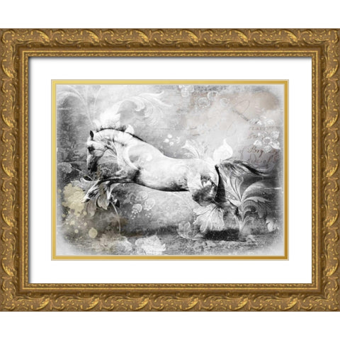 White Horse Gold Ornate Wood Framed Art Print with Double Matting by GraphINC