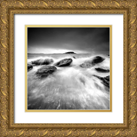 Waves on Rocks Gold Ornate Wood Framed Art Print with Double Matting by PhotoINC Studio