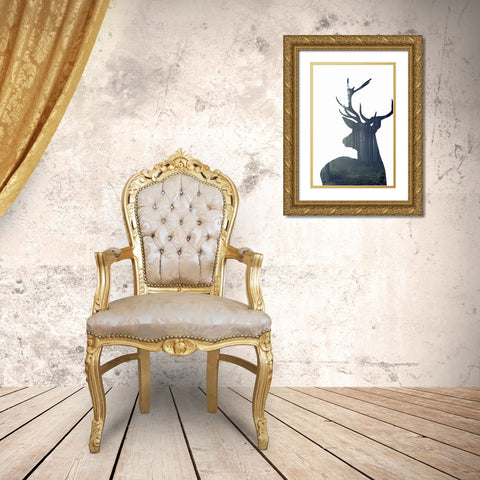 Forest Deer Silhouette Gold Ornate Wood Framed Art Print with Double Matting by Incado
