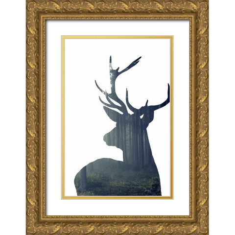 Forest Deer Silhouette Gold Ornate Wood Framed Art Print with Double Matting by Incado