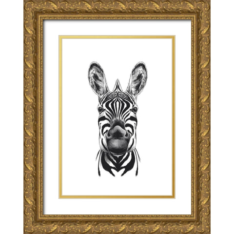 Zebra Illustration Gold Ornate Wood Framed Art Print with Double Matting by Incado