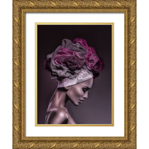 Woman in Thought, Magenta Gold Ornate Wood Framed Art Print with Double Matting by Incado