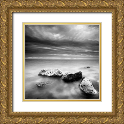 Waves on Rocks Gold Ornate Wood Framed Art Print with Double Matting by PhotoINC Studio