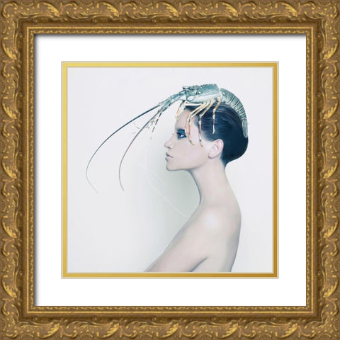 The Lady and the Hummer Gold Ornate Wood Framed Art Print with Double Matting by Incado