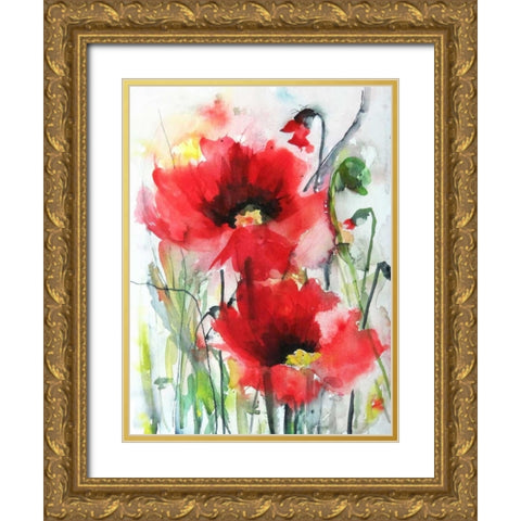 Red Poppies Gold Ornate Wood Framed Art Print with Double Matting by Johannesson, Karin