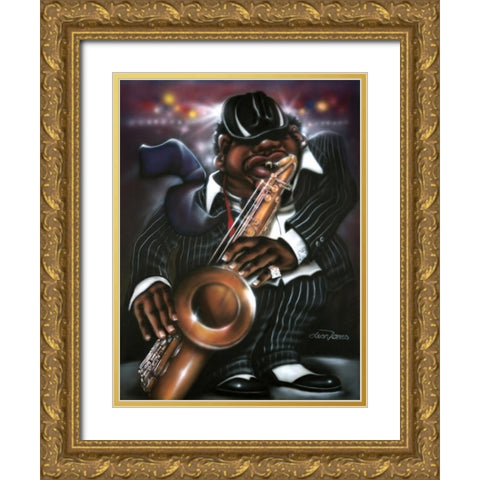 Jazzman Moe Gold Ornate Wood Framed Art Print with Double Matting by Jones, Leonard