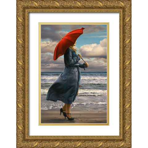 Red Umbrella Gold Ornate Wood Framed Art Print with Double Matting by Kelley, Paul