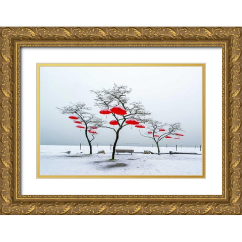 Red Umbrellas Gold Ornate Wood Framed Art Print with Double Matting by Kostka, Vladimir