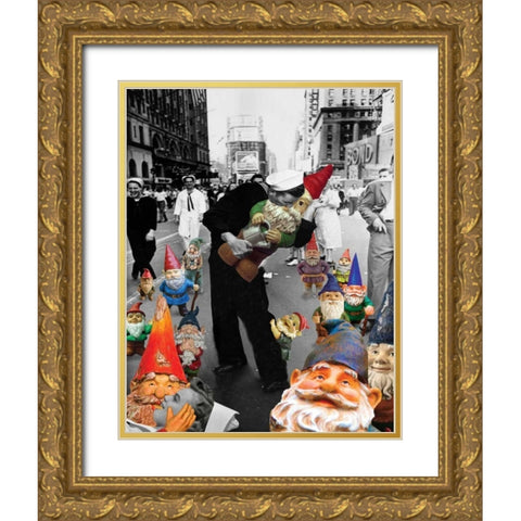 Garden Gnomes - VJ Day Gold Ornate Wood Framed Art Print with Double Matting by Kite, Barry