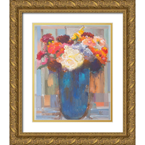 Flowers in a Blue Vase Gold Ornate Wood Framed Art Print with Double Matting by Khorasani, Hooshang