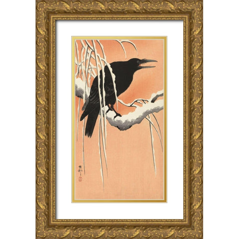 Crow on a Snowy Bough, 1900-1930 Gold Ornate Wood Framed Art Print with Double Matting by Koson, Ohara