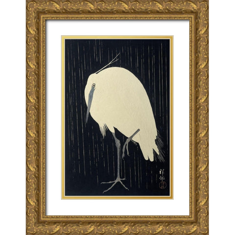 Egret in the Rain, 1925-1936 Gold Ornate Wood Framed Art Print with Double Matting by Koson, Ohara