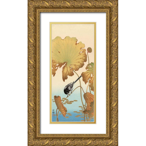 Japanese Wagtail on Lotus Plant, 1925-1936 Gold Ornate Wood Framed Art Print with Double Matting by Koson, Ohara