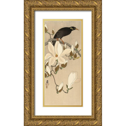 Myna on Magnolia Branch, 1900-1910 Gold Ornate Wood Framed Art Print with Double Matting by Koson, Ohara