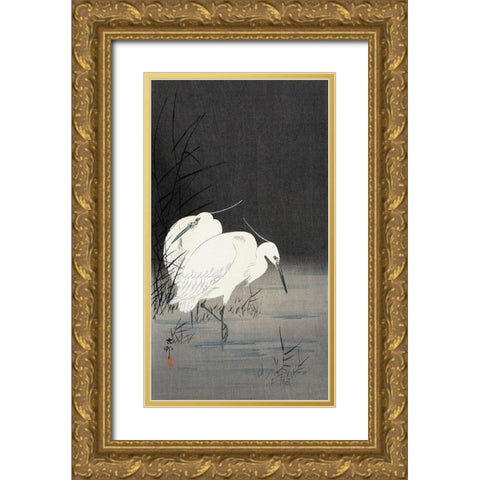 Two Egrets in the Reeds, 1900-1930 Gold Ornate Wood Framed Art Print with Double Matting by Koson, Ohara