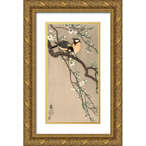Songbirds on Cherry Branch, 1900-1910 Gold Ornate Wood Framed Art Print with Double Matting by Koson, Ohara