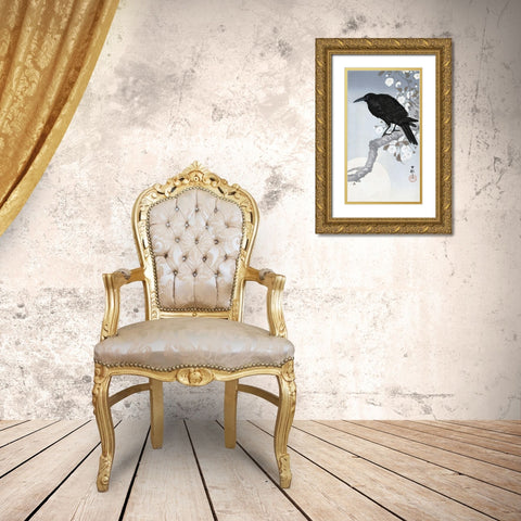 Crow at Full Moon, 1900-1930 Gold Ornate Wood Framed Art Print with Double Matting by Koson, Ohara