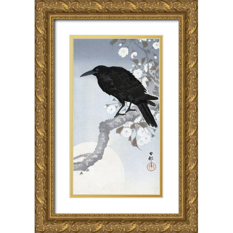 Crow at Full Moon, 1900-1930 Gold Ornate Wood Framed Art Print with Double Matting by Koson, Ohara