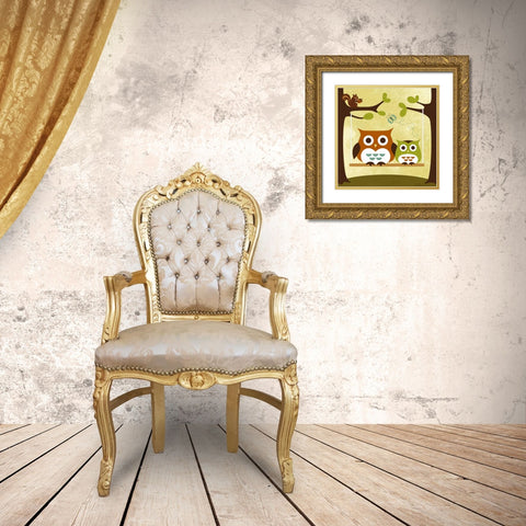 Two Owls on Swing Gold Ornate Wood Framed Art Print with Double Matting by Lee, Nancy