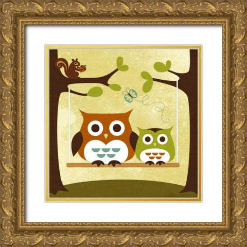 Two Owls on Swing Gold Ornate Wood Framed Art Print with Double Matting by Lee, Nancy