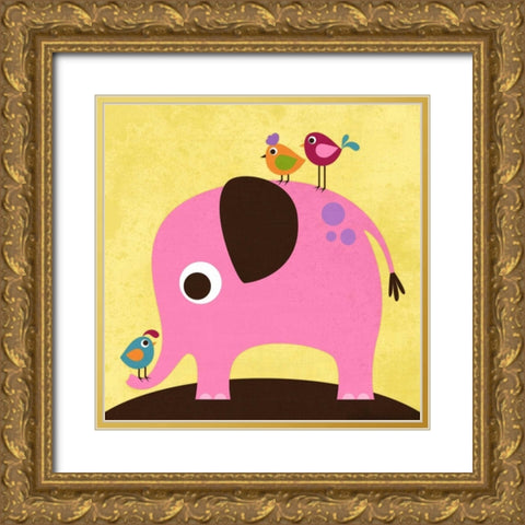 Elephant with Birds Gold Ornate Wood Framed Art Print with Double Matting by Lee, Nancy