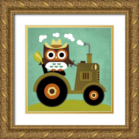 Owl on Tractor Gold Ornate Wood Framed Art Print with Double Matting by Lee, Nancy