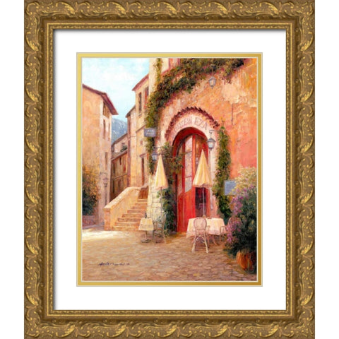 Eze Village Cafe France Gold Ornate Wood Framed Art Print with Double Matting by Liu, Haixia