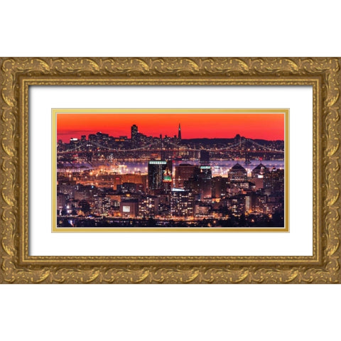 Oakland SF Twilight Gold Ornate Wood Framed Art Print with Double Matting by Linhares, Greg