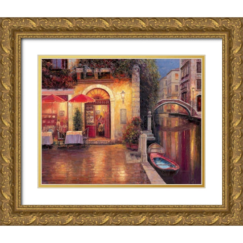 Night Cafe after Rain Gold Ornate Wood Framed Art Print with Double Matting by Liu, Haixia
