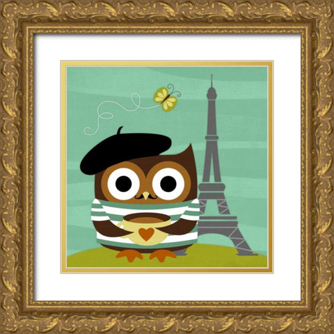 Owl in Paris Gold Ornate Wood Framed Art Print with Double Matting by Lee, Nancy