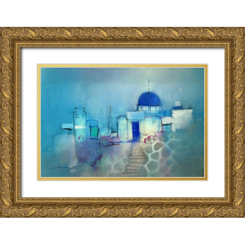 Santorini Blue Gold Ornate Wood Framed Art Print with Double Matting by Lovett, John
