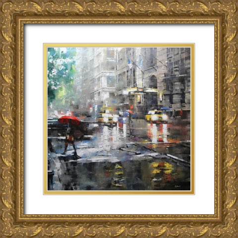 Manhattan Red Umbrella Gold Ornate Wood Framed Art Print with Double Matting by Lague, Mark