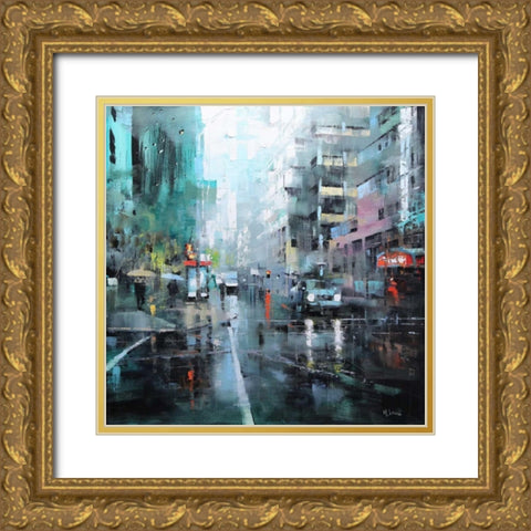 Montreal Turquoise Rain Gold Ornate Wood Framed Art Print with Double Matting by Lague, Mark