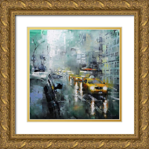 New York Rain Gold Ornate Wood Framed Art Print with Double Matting by Lague, Mark