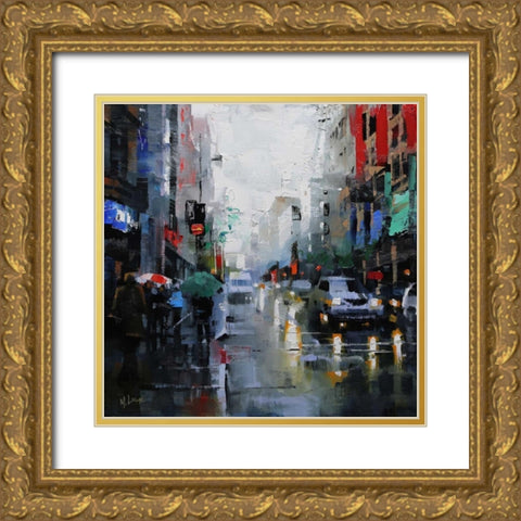 St. Catherine Street Rain Gold Ornate Wood Framed Art Print with Double Matting by Lague, Mark