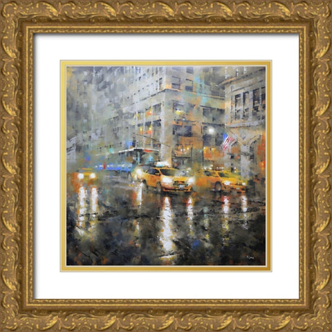 Manhattan Orange Rain Gold Ornate Wood Framed Art Print with Double Matting by Lague, Mark