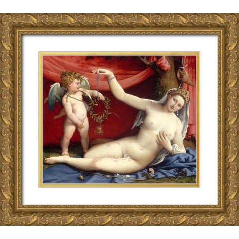 Venus and Cupid Gold Ornate Wood Framed Art Print with Double Matting by Lotto, Lorenzo