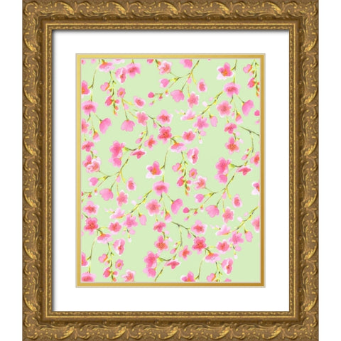 Cherry Blossom Green Gold Ornate Wood Framed Art Print with Double Matting by Maldonado, Jacqueline