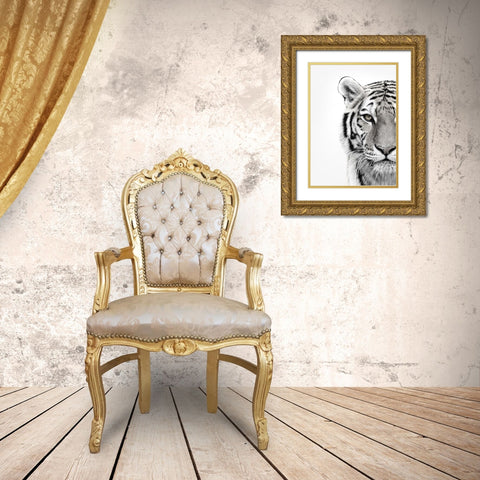 White Tiger Gold Ornate Wood Framed Art Print with Double Matting by Design Fabrikken