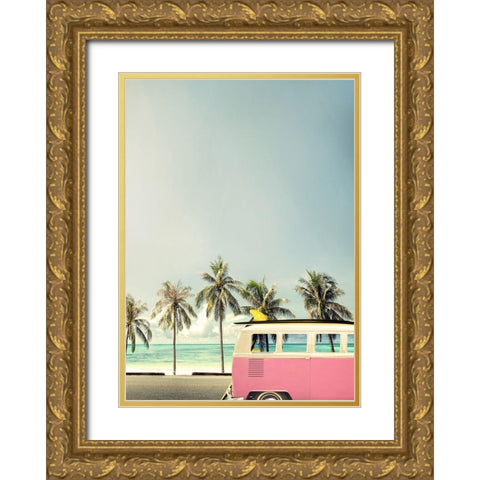 Surf Bus Pink Gold Ornate Wood Framed Art Print with Double Matting by Design Fabrikken