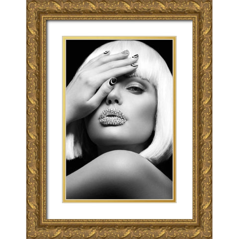 Diamond Lips BW Gold Ornate Wood Framed Art Print with Double Matting by Design Fabrikken