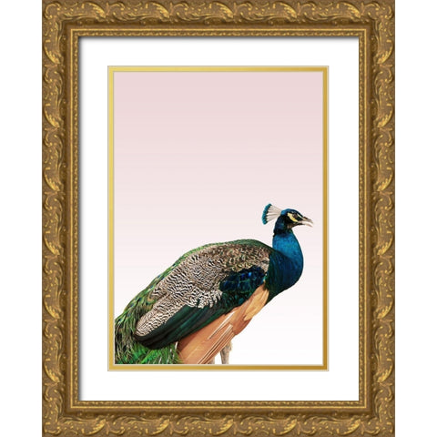 Peacock on Pink Gold Ornate Wood Framed Art Print with Double Matting by Design Fabrikken