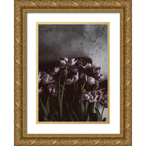 Dark Tulips Gold Ornate Wood Framed Art Print with Double Matting by Design Fabrikken