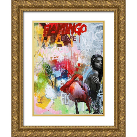 Flamingo Gold Ornate Wood Framed Art Print with Double Matting by Design Fabrikken