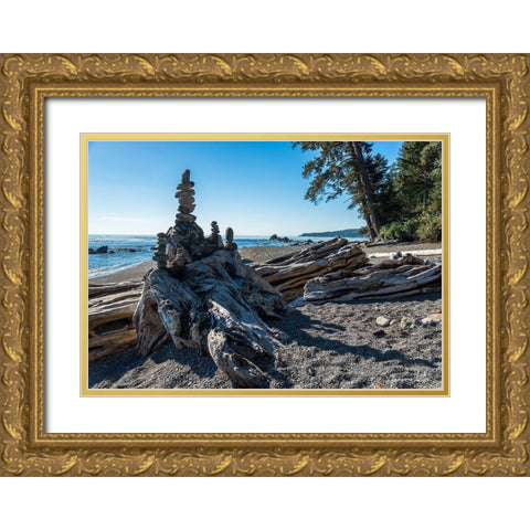 Sombrio Inukshuk Gold Ornate Wood Framed Art Print with Double Matting by Oldford, Tim