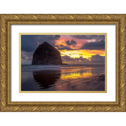 Cannon Beach Sunset Gold Ornate Wood Framed Art Print with Double Matting by Oldford, Tim