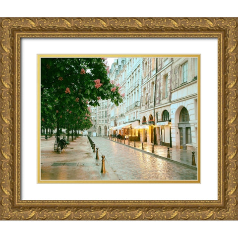 Paris in Chesnut Blossom Pink Gold Ornate Wood Framed Art Print with Double Matting by Okula, Carina