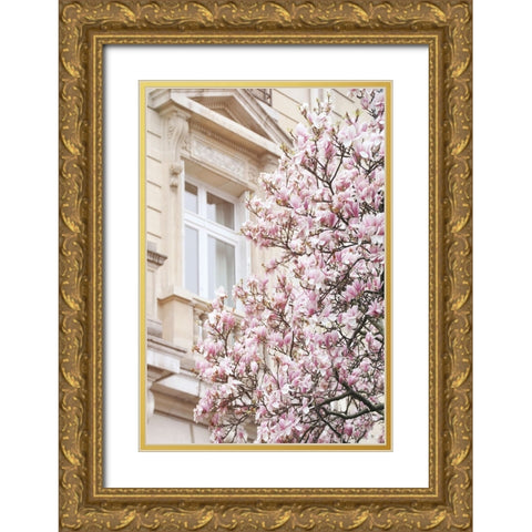 Pink Spring Magnolias in Paris Gold Ornate Wood Framed Art Print with Double Matting by Okula, Carina
