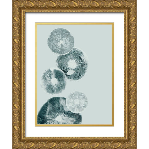 Mushroom Light Teal Gold Ornate Wood Framed Art Print with Double Matting by Folcarelli, Pernille