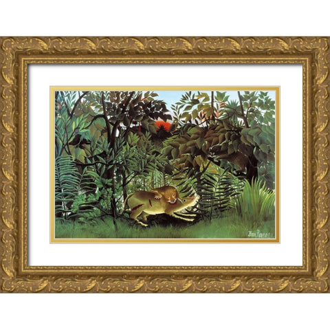 The Hungry Lion Gold Ornate Wood Framed Art Print with Double Matting by Rousseau, Henri